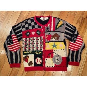 VTG 90s Eagles Eye American Flag Hand Knit ChunkyCardigan Sweater Women’s Size M